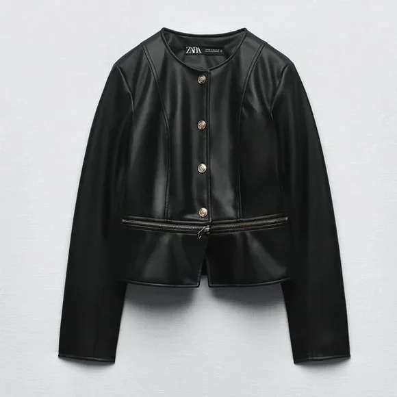 NWT ZARA Black 2 in 1 Faux Leather Snap Jacket Zip Crop Length Sz xs - Picture 5 of 16